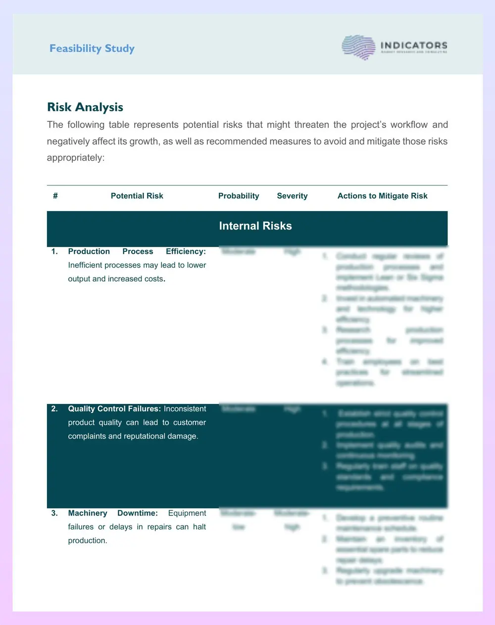 Sample page: a risk table listing each risk with its probability, severity and the actions to reduce it