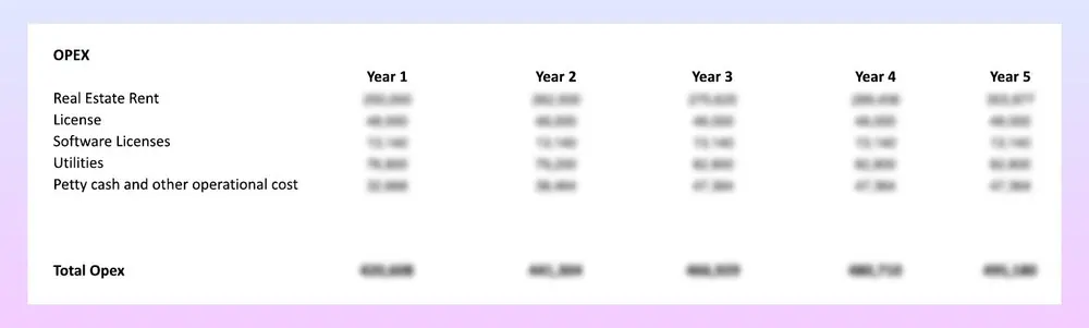 Sample page: a five-year table of operating costs including rent, licence, software and utilities
